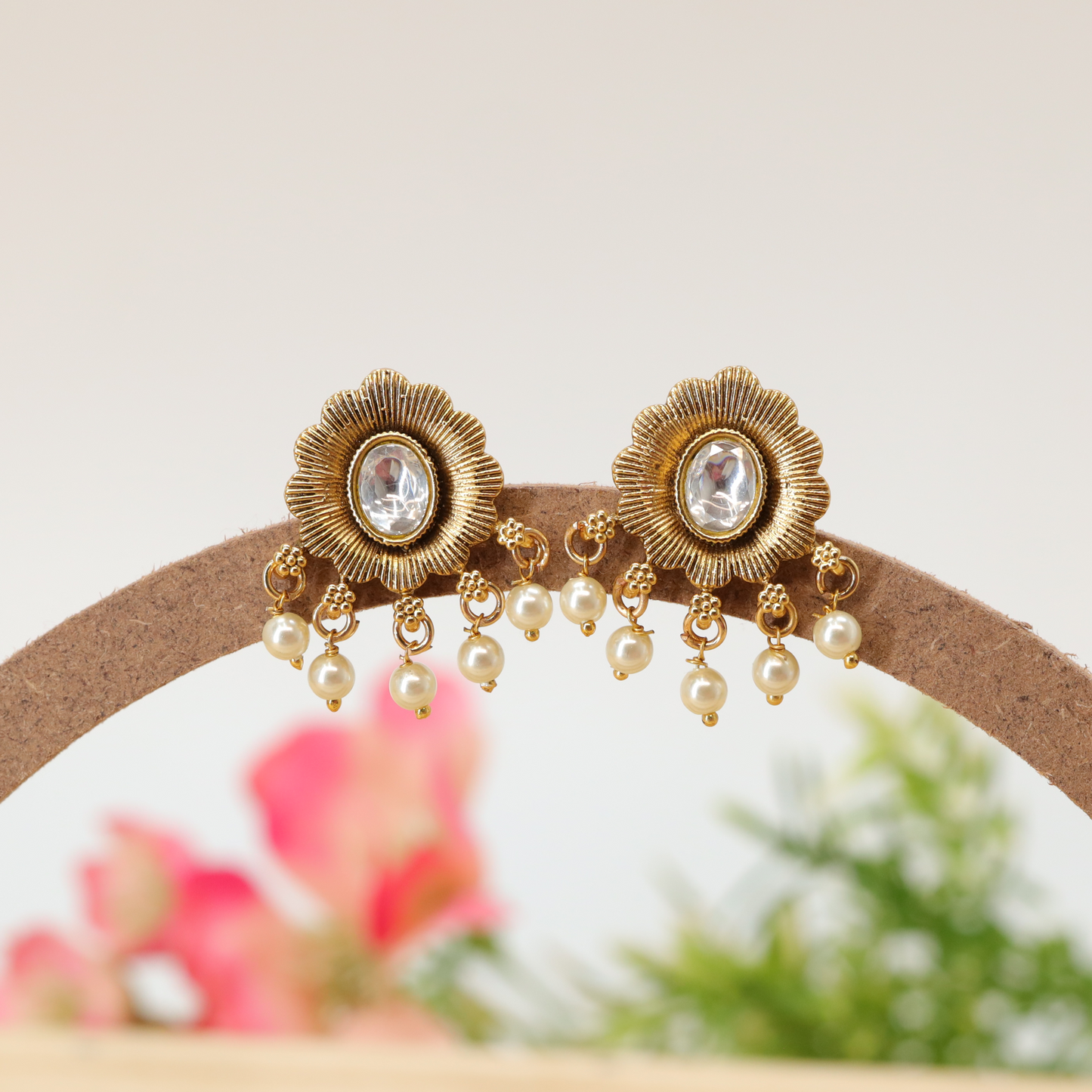 Fluted Disc Stud Earrings with Oval Crystal and Pearl Drops