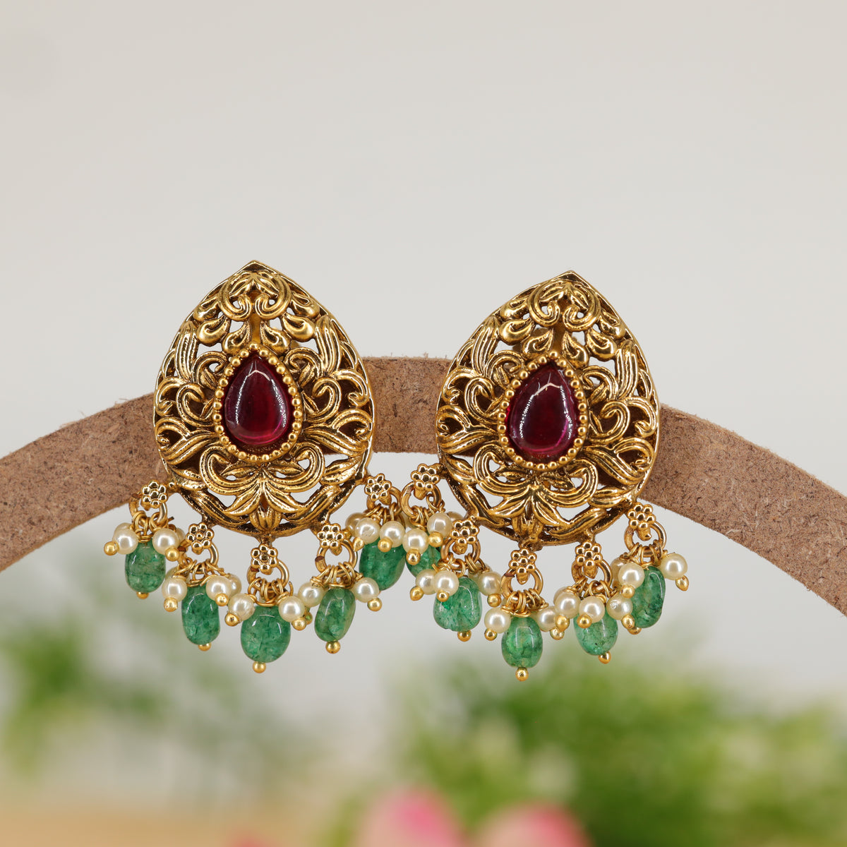 Teardrop Crest Stud Earrings with Gem Centre and Bead Fringe