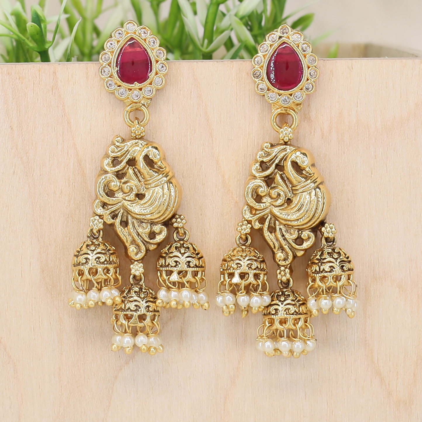 Aaravalli Peacock Drop Hanging with Triple Jhumka Tassels