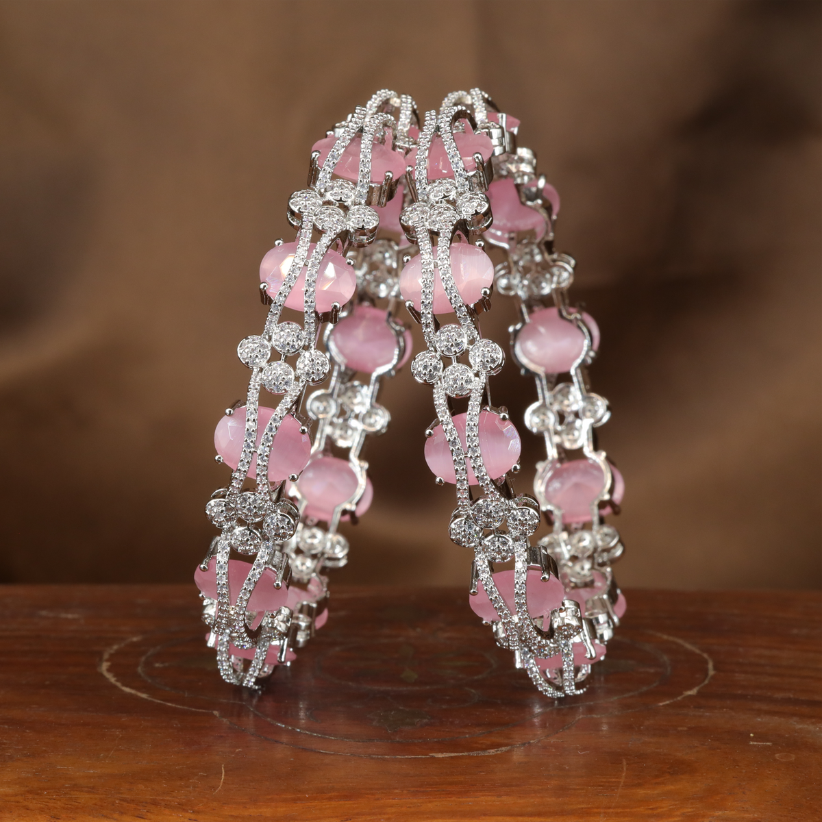 Graceful Connector Motif Bangles with Alternating Oval Settings and Glittering Cluster Links
