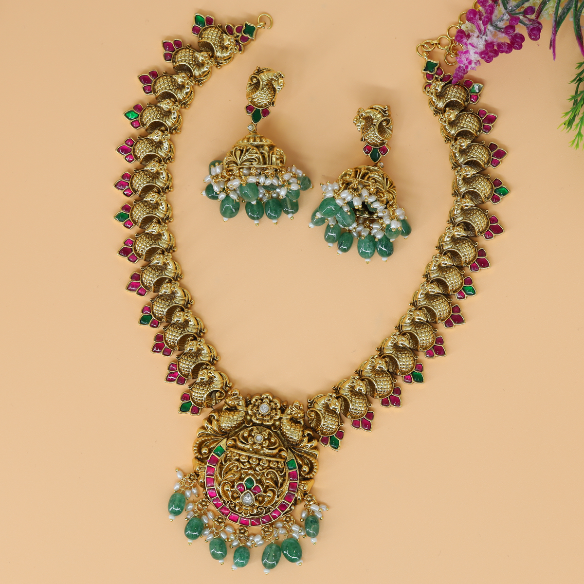 Mandapa Mayil Torana Collar with Gem Lined Medallion and Bead Cascade