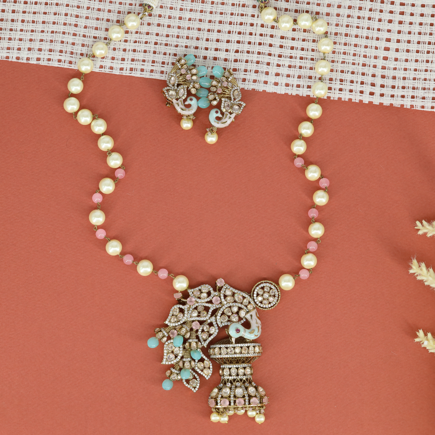 Pearl Beaded Necklace with Peacock Pendant and Matching Stud Earrings