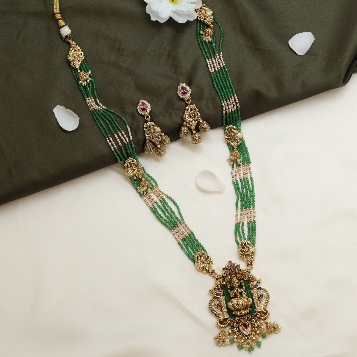 Antique Green Beads Long Haara Featuring Lakshmi Pendant