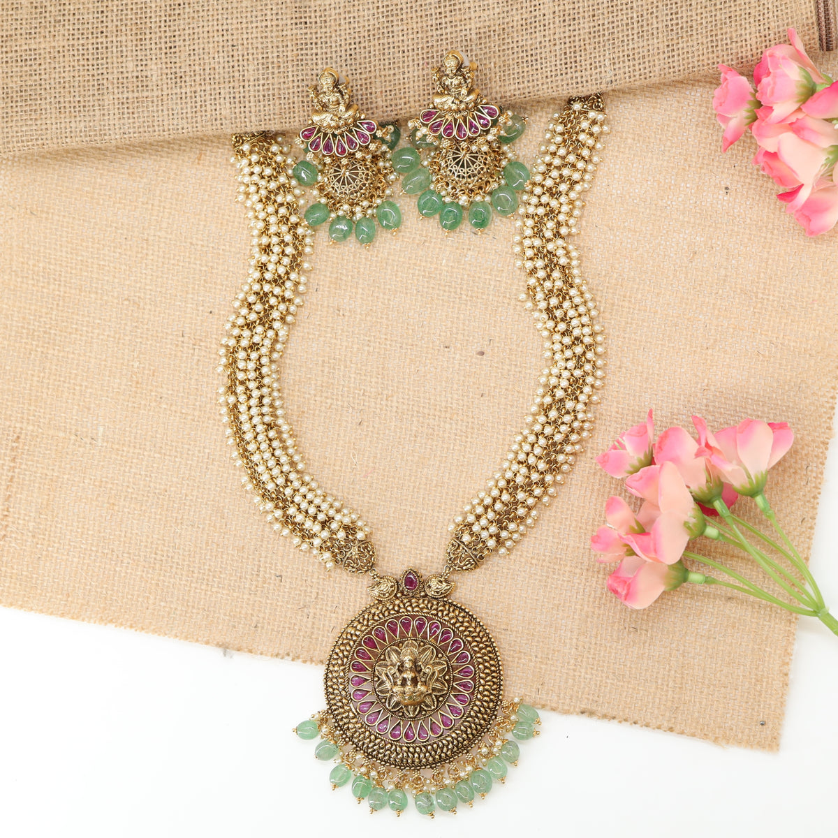 Sharvani Divya Mandala Long Haara with Emerald Drop Edge