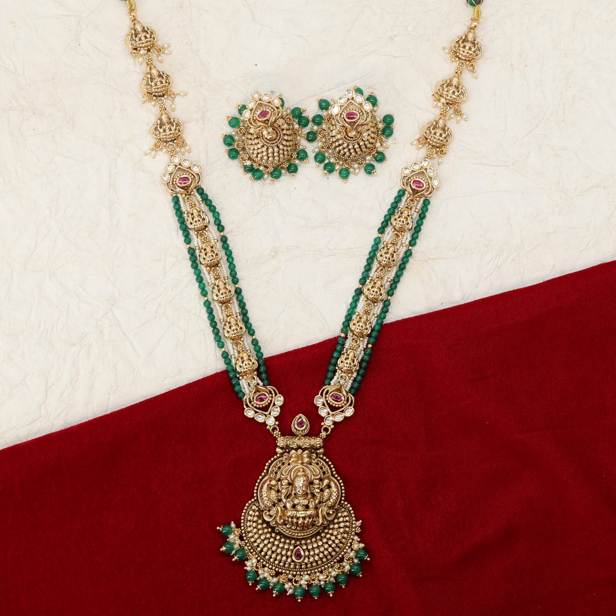 Shrivatsa Lakshmi Kavacha Long Haara with Twin Bead Strands and Shrine Medallion Drop