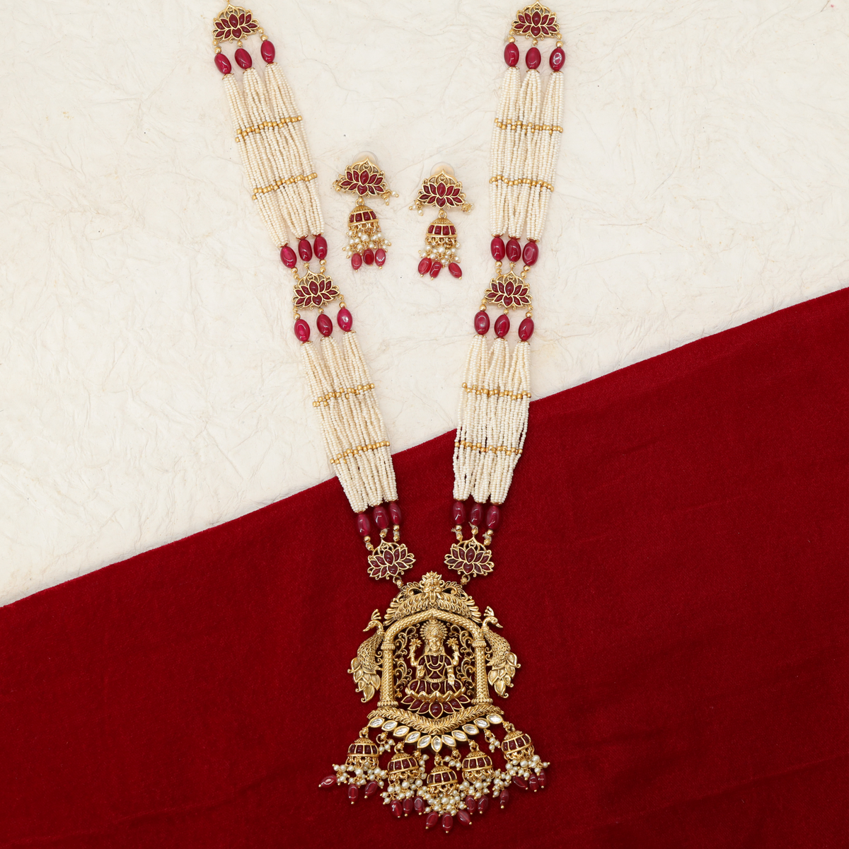 Indralekha Layered Pearl Long Chain with Floral Crest and Bead Tassels