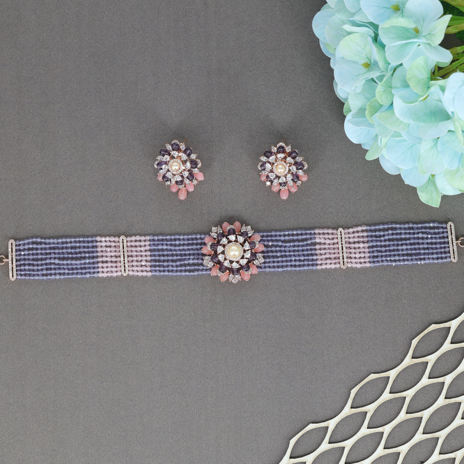 Stylised Floral Crystal Choker with Structured Bead Strands and Radiating Medallion