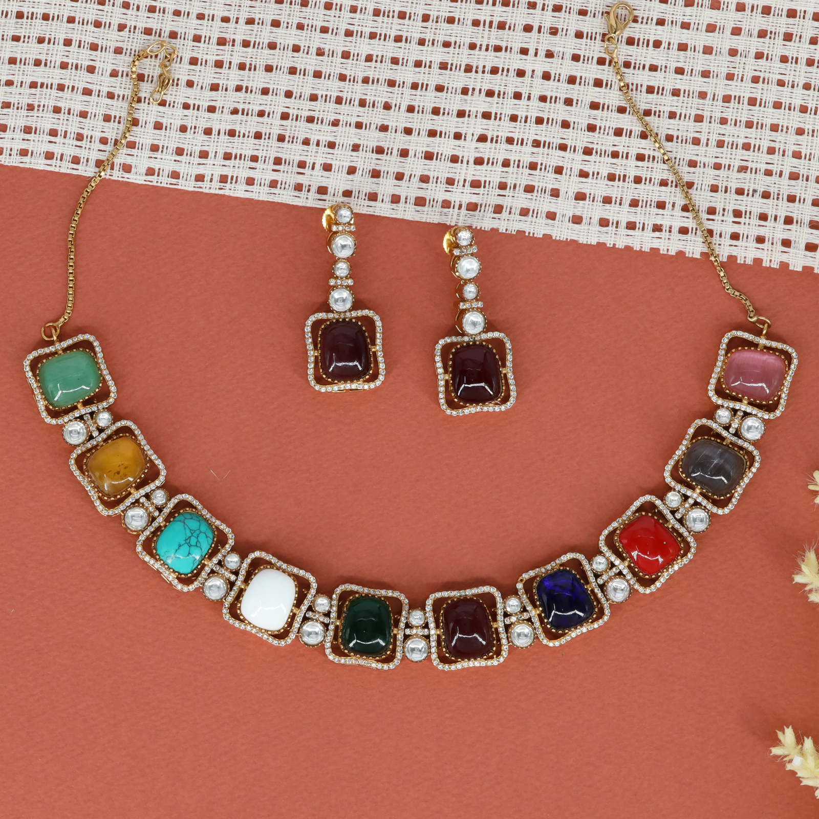 Square Pattern Necklace with Multi Color Details