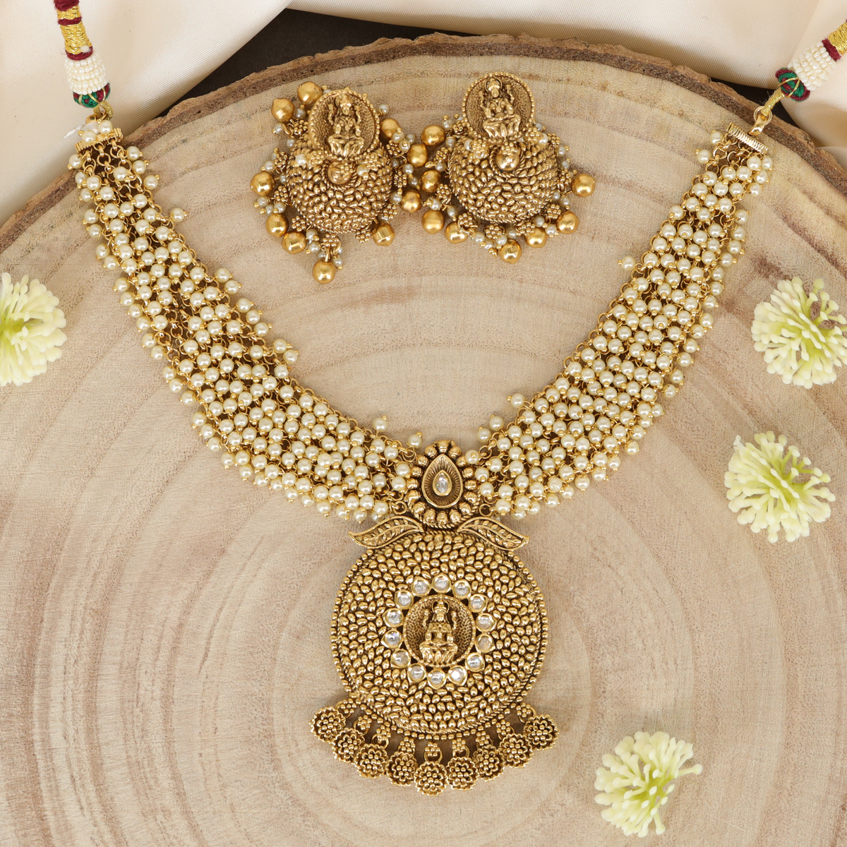 Temple Lakshmi Disc Antique Pearl Necklace with Granulated Surface