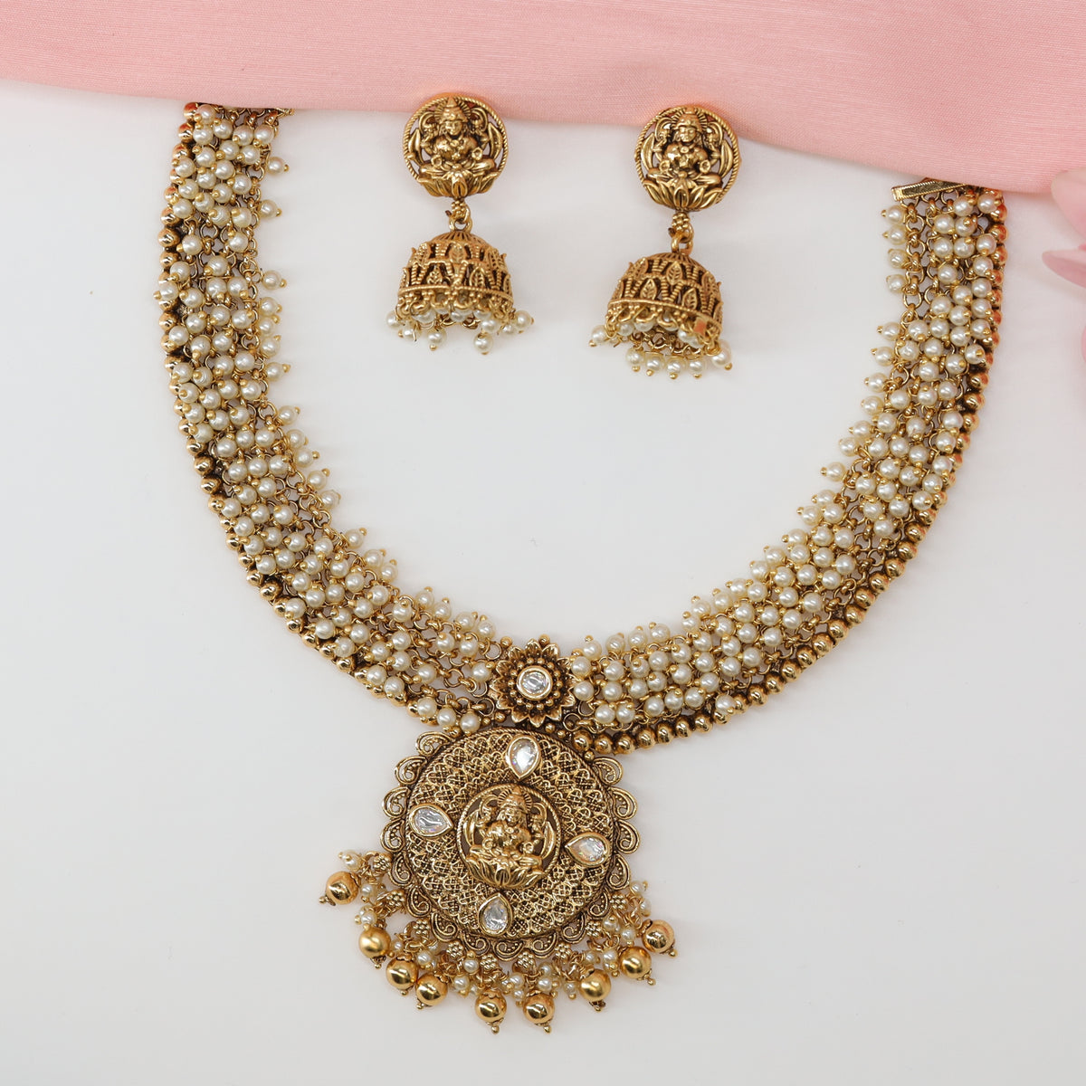 Grand Lakshmi Halo Necklace with Pearl Cluster Collar