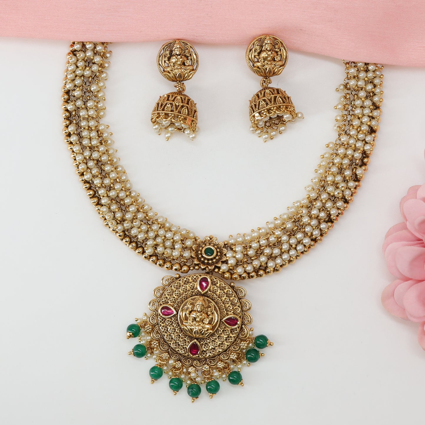 Grand Lakshmi Halo Necklace with Pearl Cluster Collar