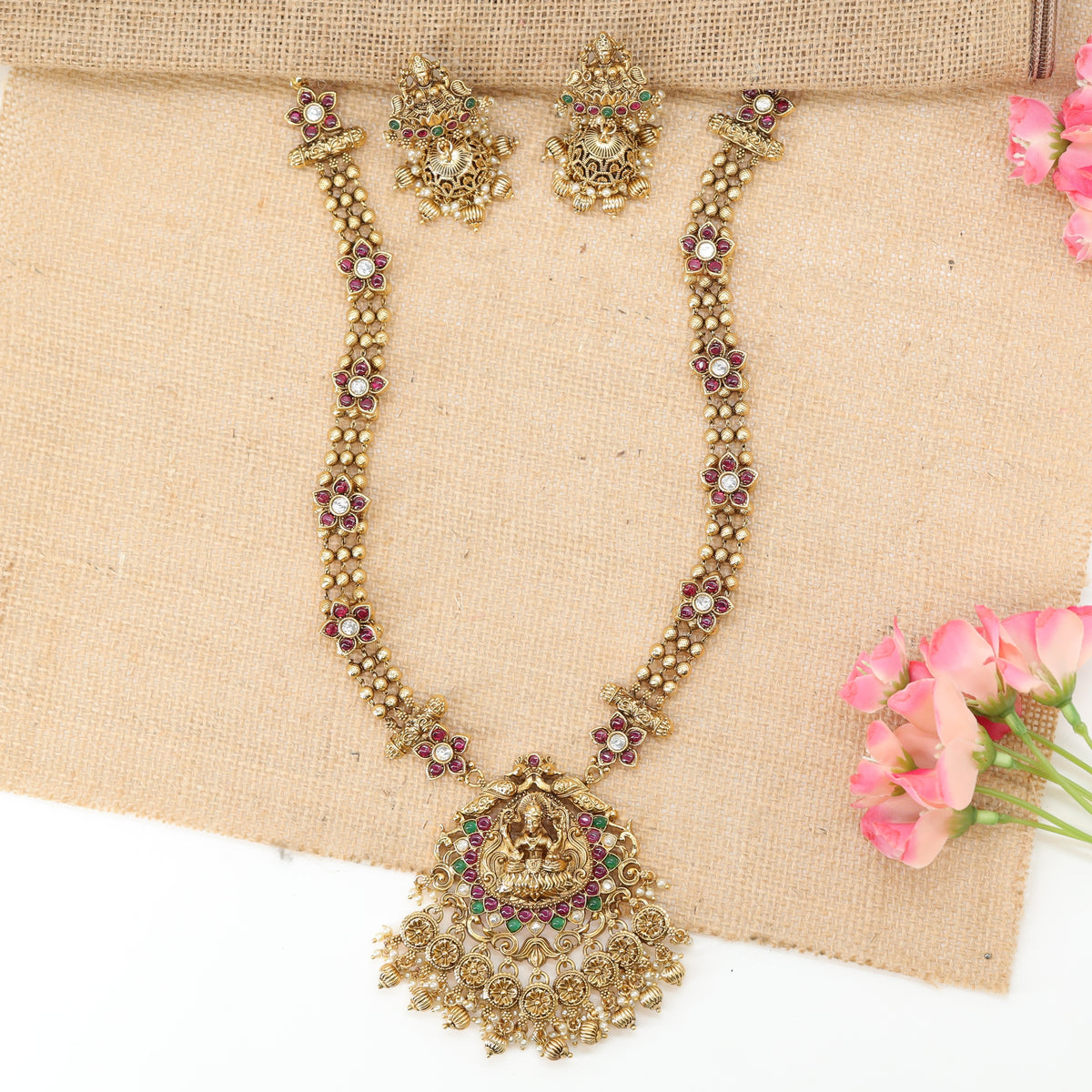 Samaradhya Lakshmi Valli Long Haara with Floral Link Strands and Ornate Shrine Pendant
