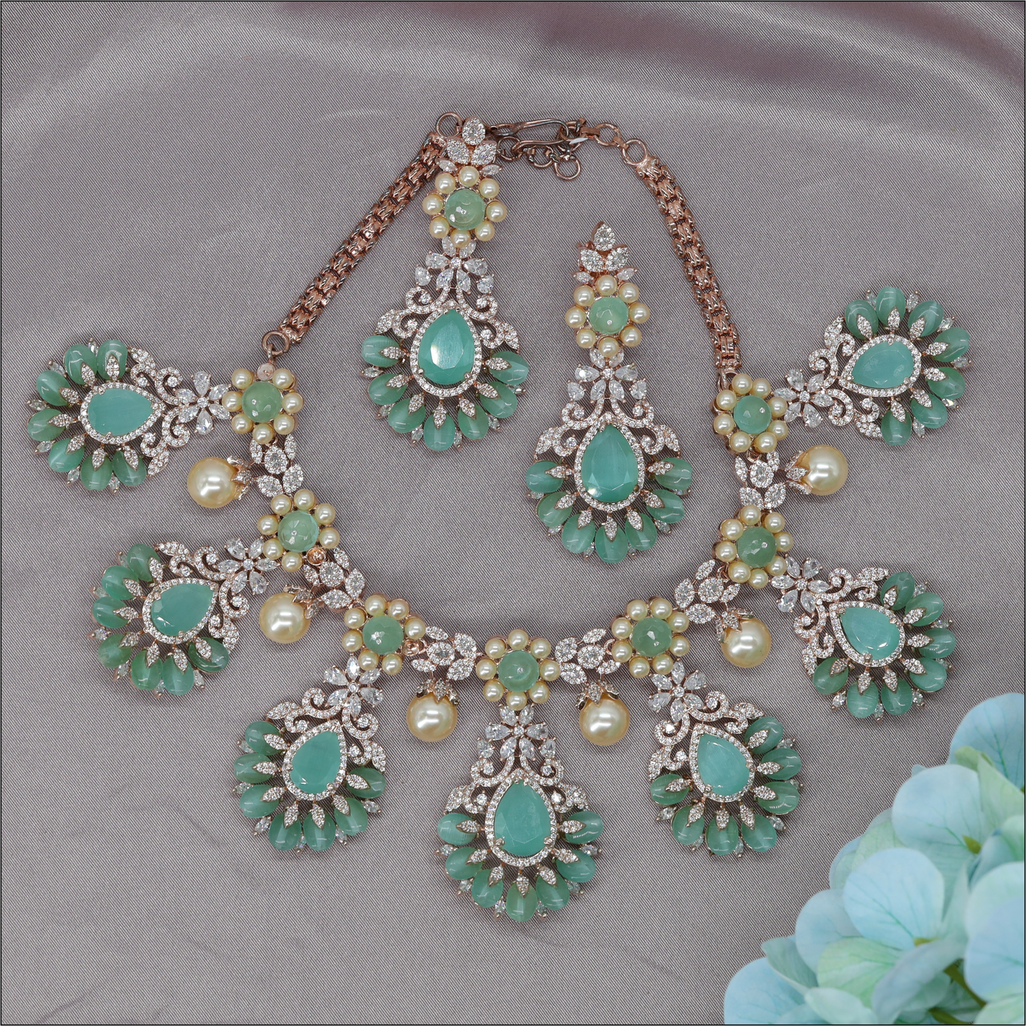 Decorative Floral Crytalstal Choker with Repeating Teardrop Drops and Pearl Charms