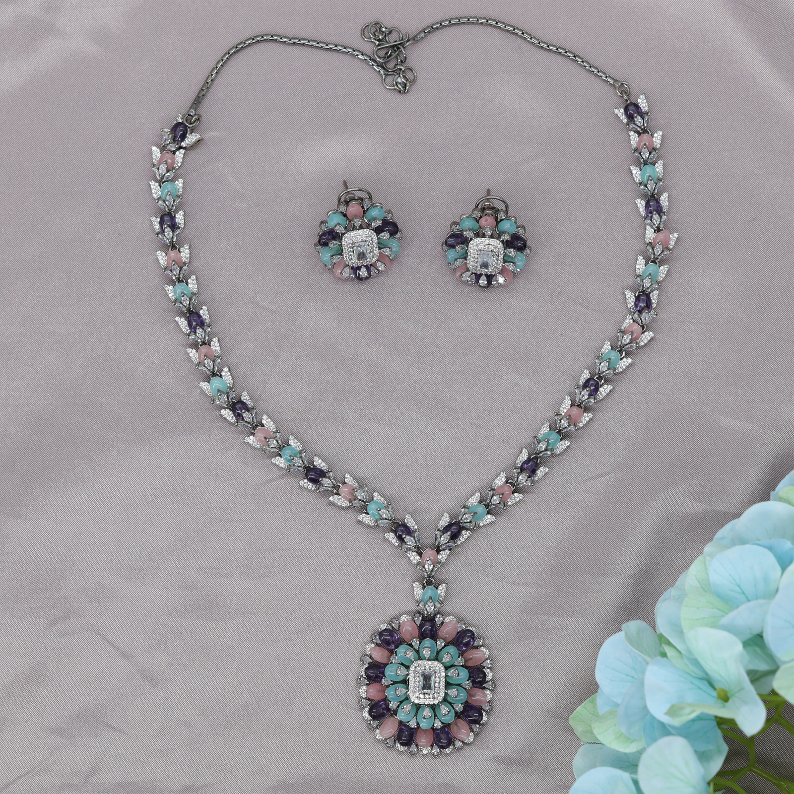 Blooming Rosette Necklace with Double Petal Halo Centrepiece