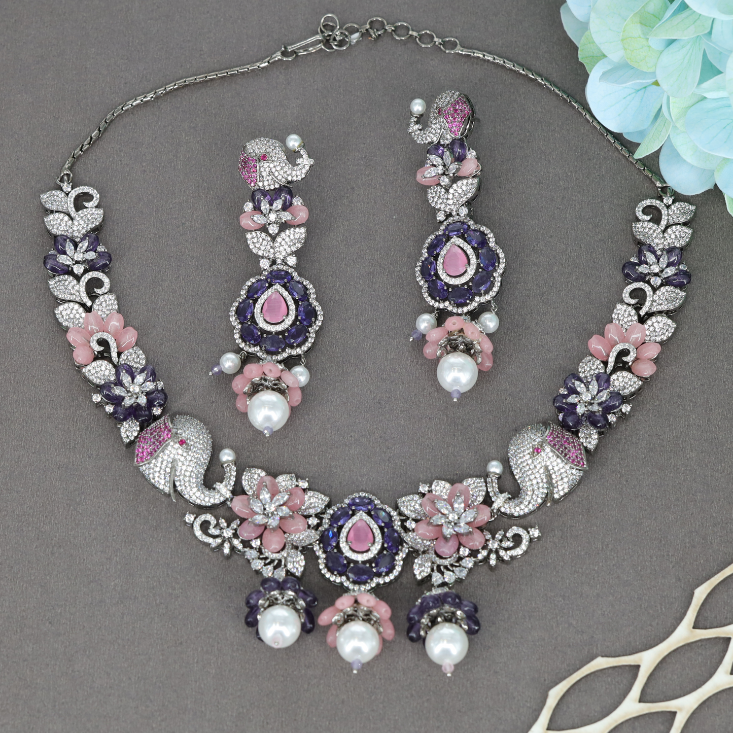 Elephant Motif Floral Statement Necklace Set with Pearl Drop Pendants