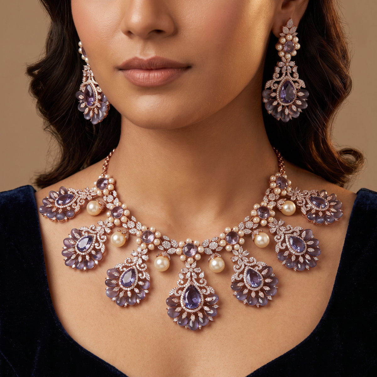 Decorative Crytalstal Floral Necklace with Teardrop Motif Pendants and Pearl Drop Accents