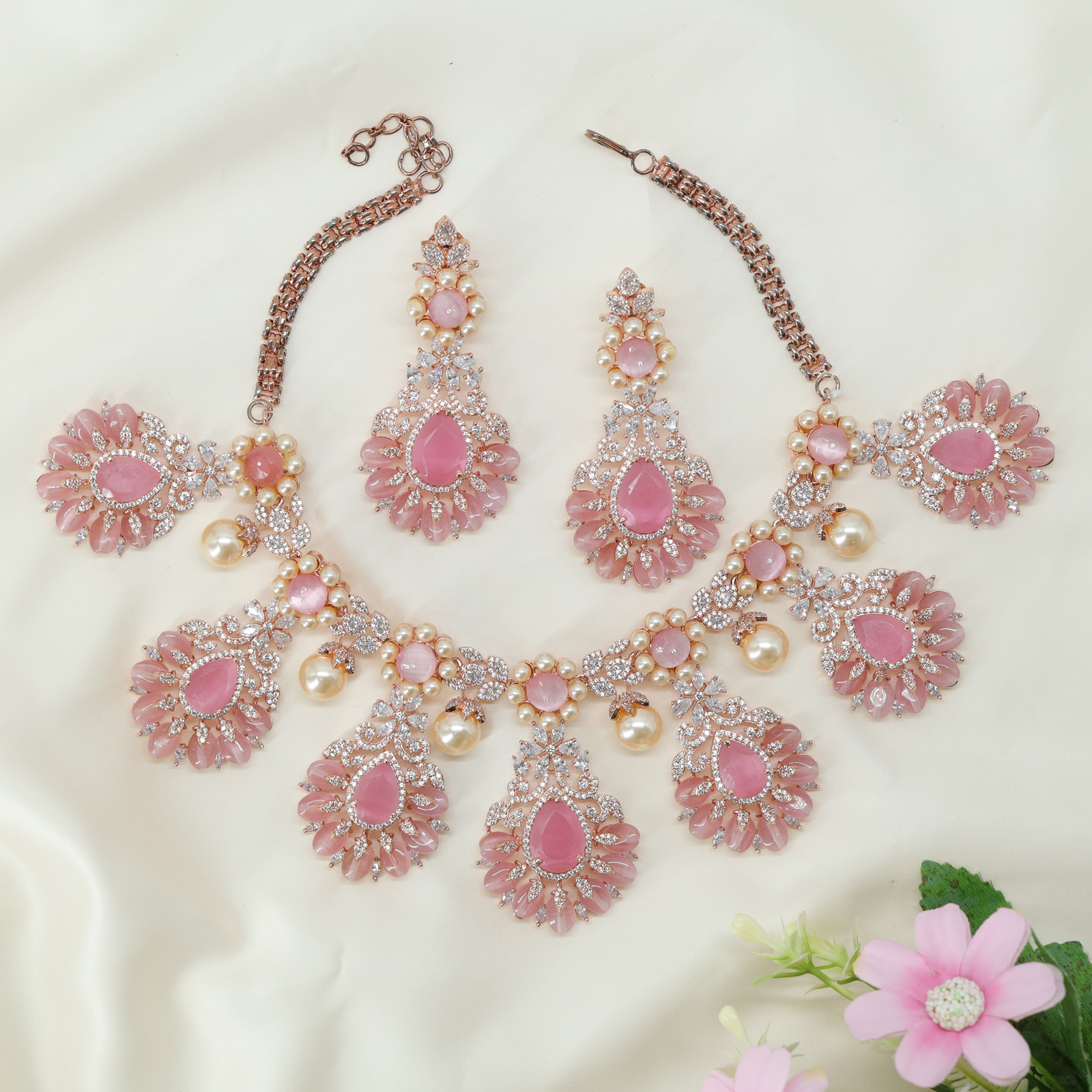 Decorative Crystal Floral Necklace with Teardrop Motif Pendants and Pearl Drop Accents
