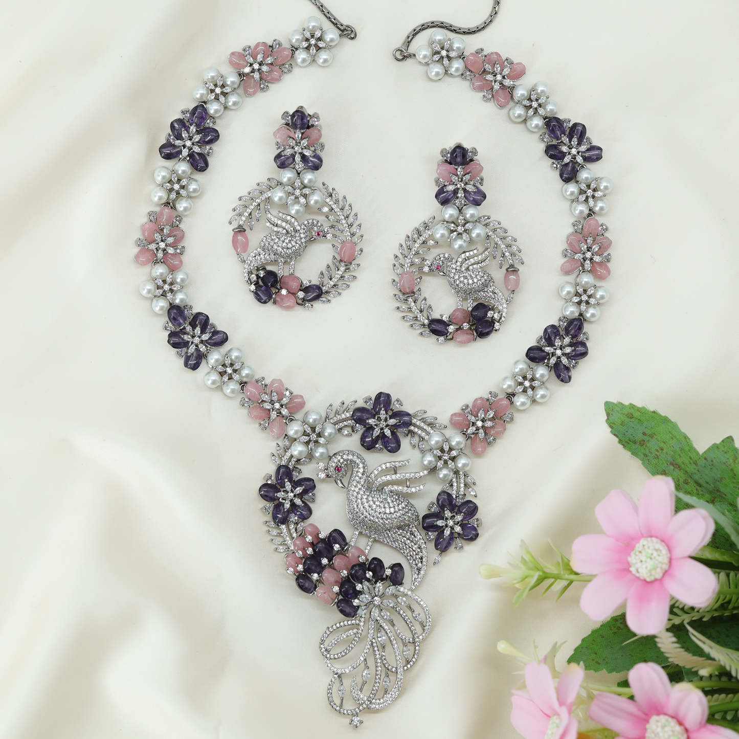 Regal Swan Motif Necklace Set with Floral Crytalstal Links and Statement Pendant