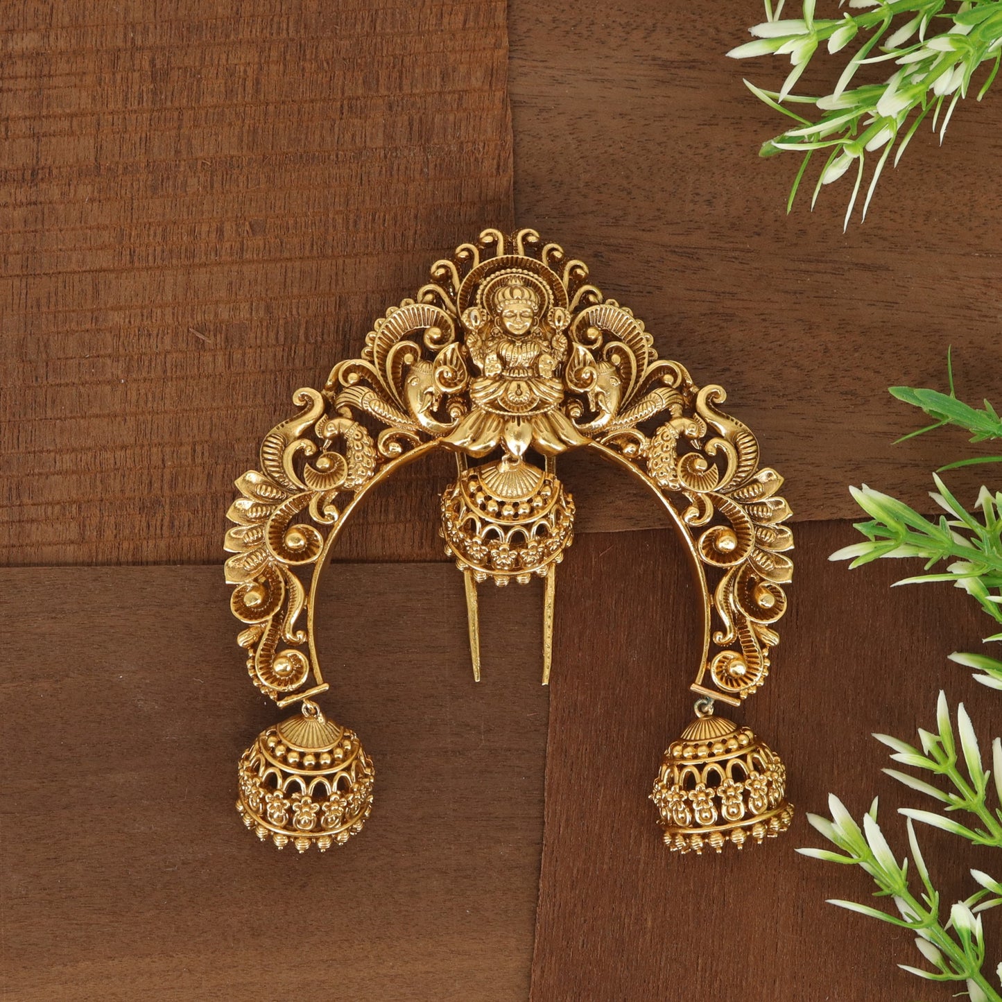 Trilokyasundari Lakshmi Headset Arch with Lotus Throne Crest and Twin Jhumkas