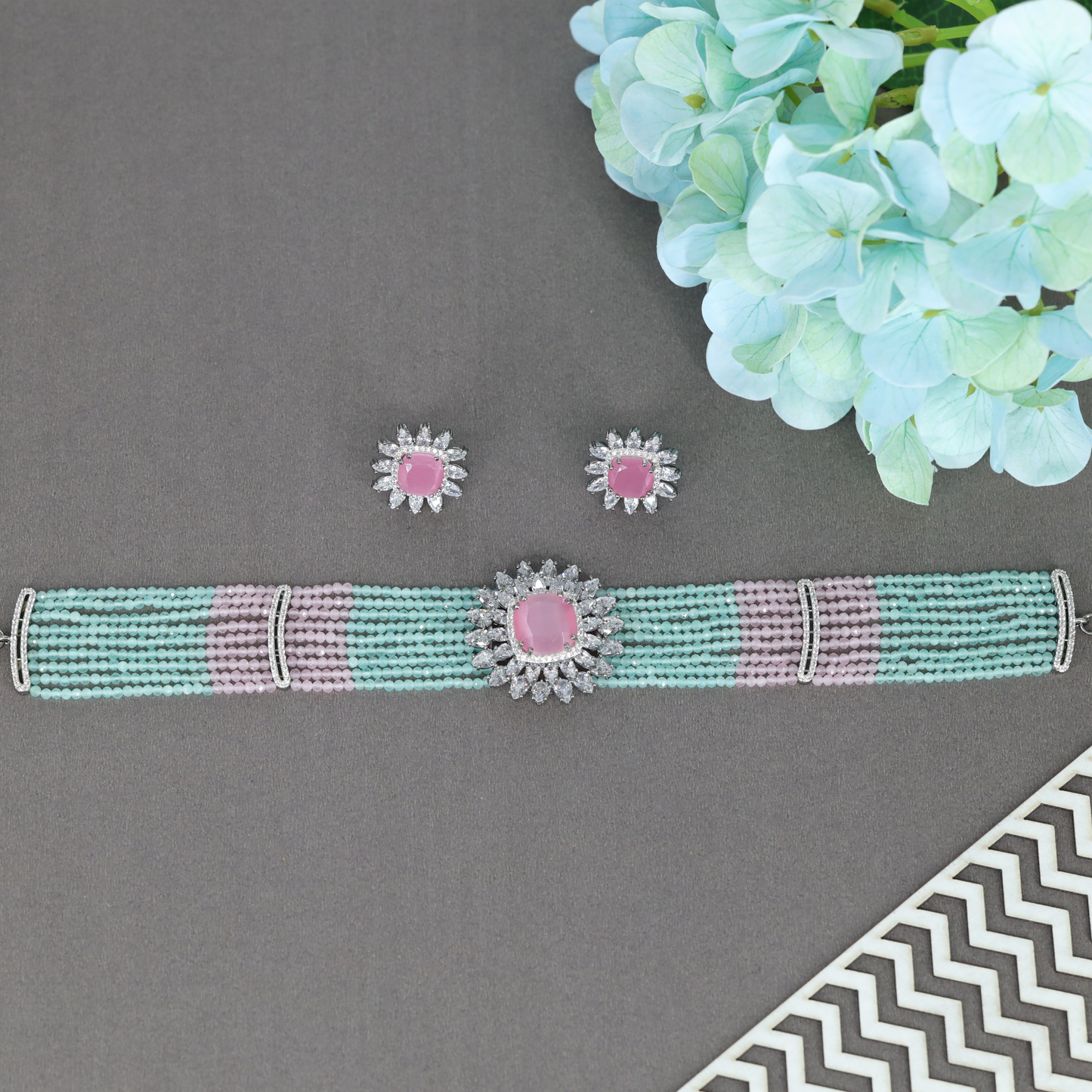 Luxury Aqua and Blush Pink Bead Choker with Cushion Crytalstal Halo Centrepiece