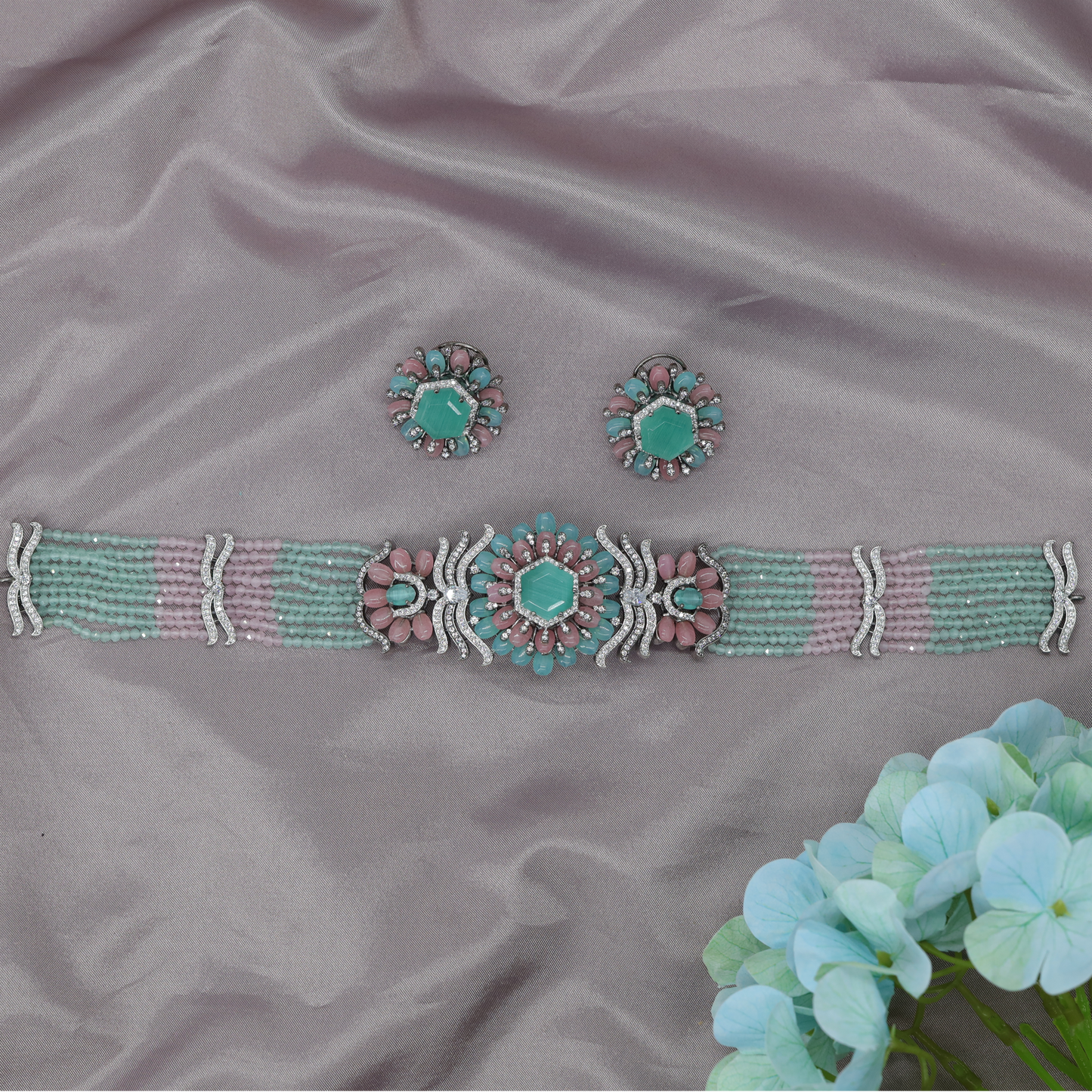 Designer Aqua and Violet Bead Choker with Floral Halo Hexagon Centre Accent