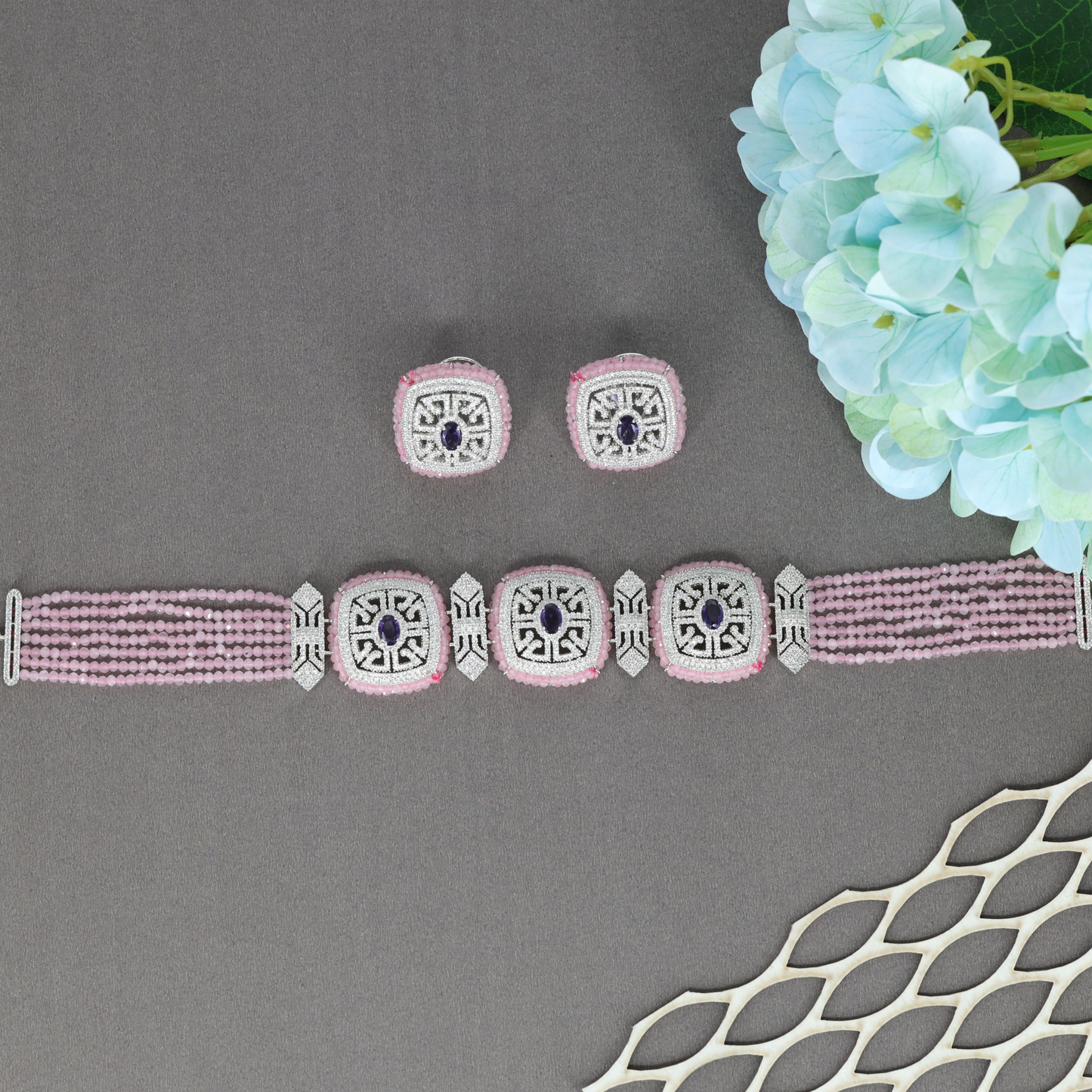 Blush Pink Multi Strand Beaded Choker with Cushion Motif Panels and Matching Stud Earrings