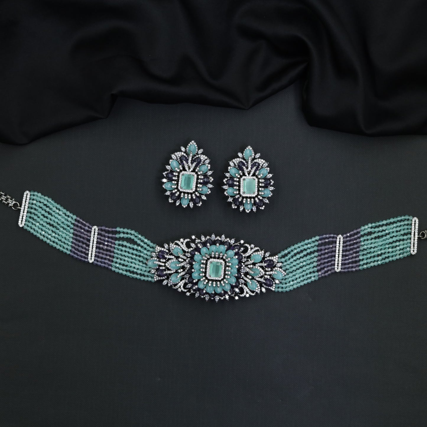 Floral medallion Crystal Chokers with multi-strand beadwork and ornate centrepiece
