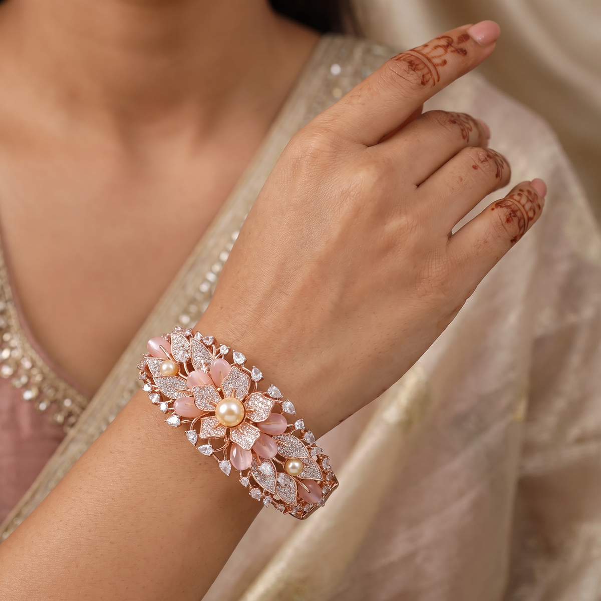 Floral Statement Kada Bangle with Pearl Centre Detailing