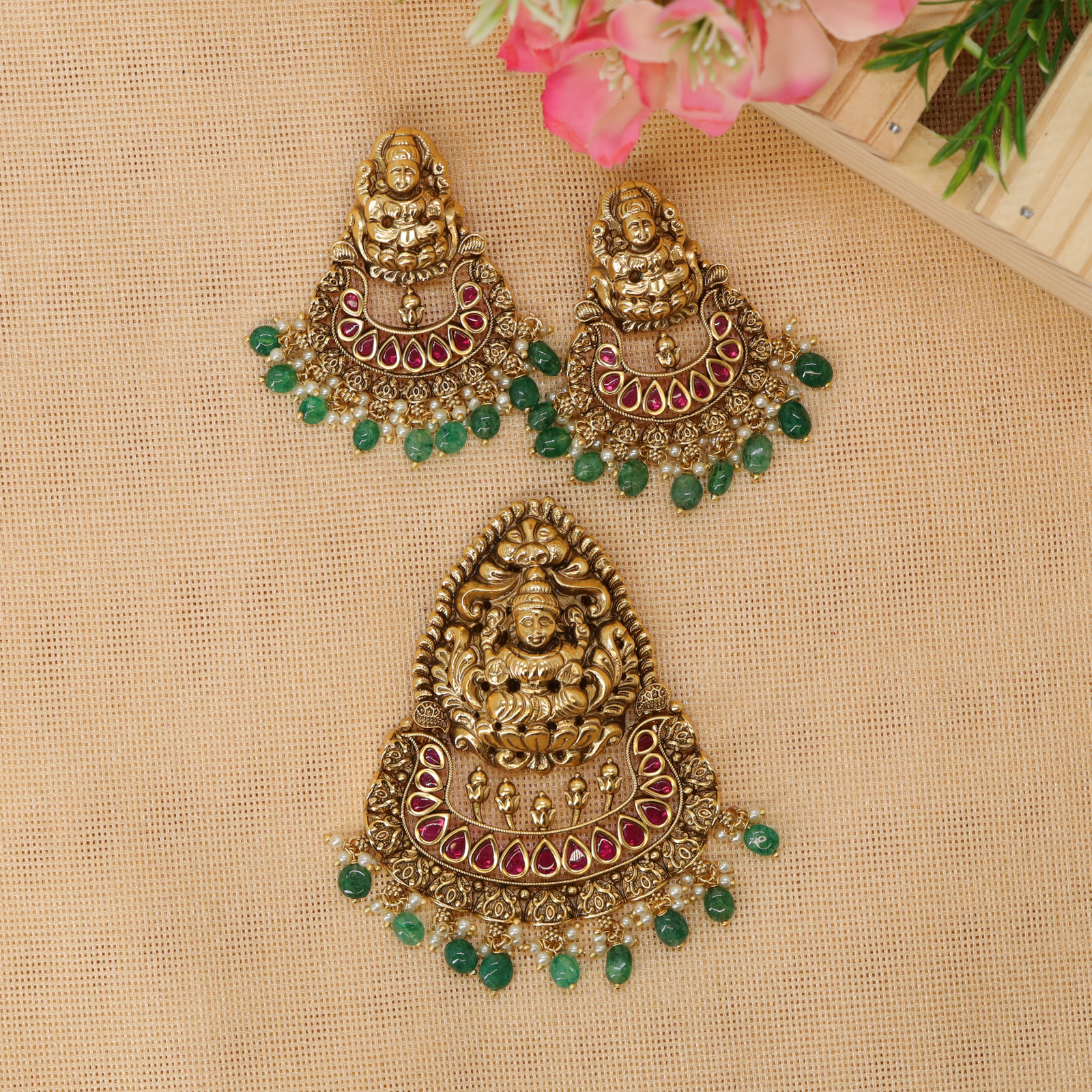 Sacred Lakshmi Medallion Pendant Set with Crescent Petal Panel and Bead Fringe