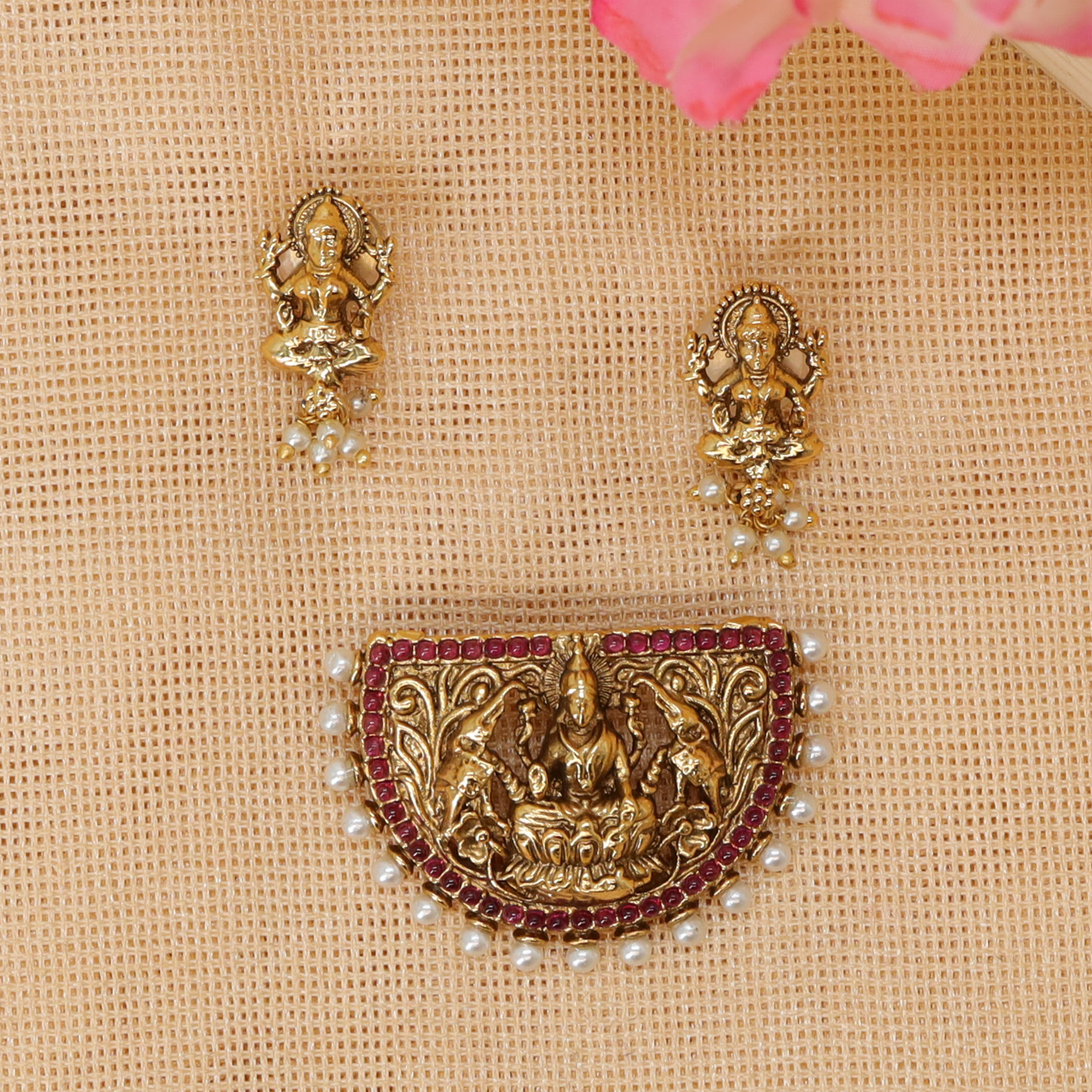 Lakshmi Sanctum Crescent Pendant Set with Twin Elephant Panels and Pearl Fringe