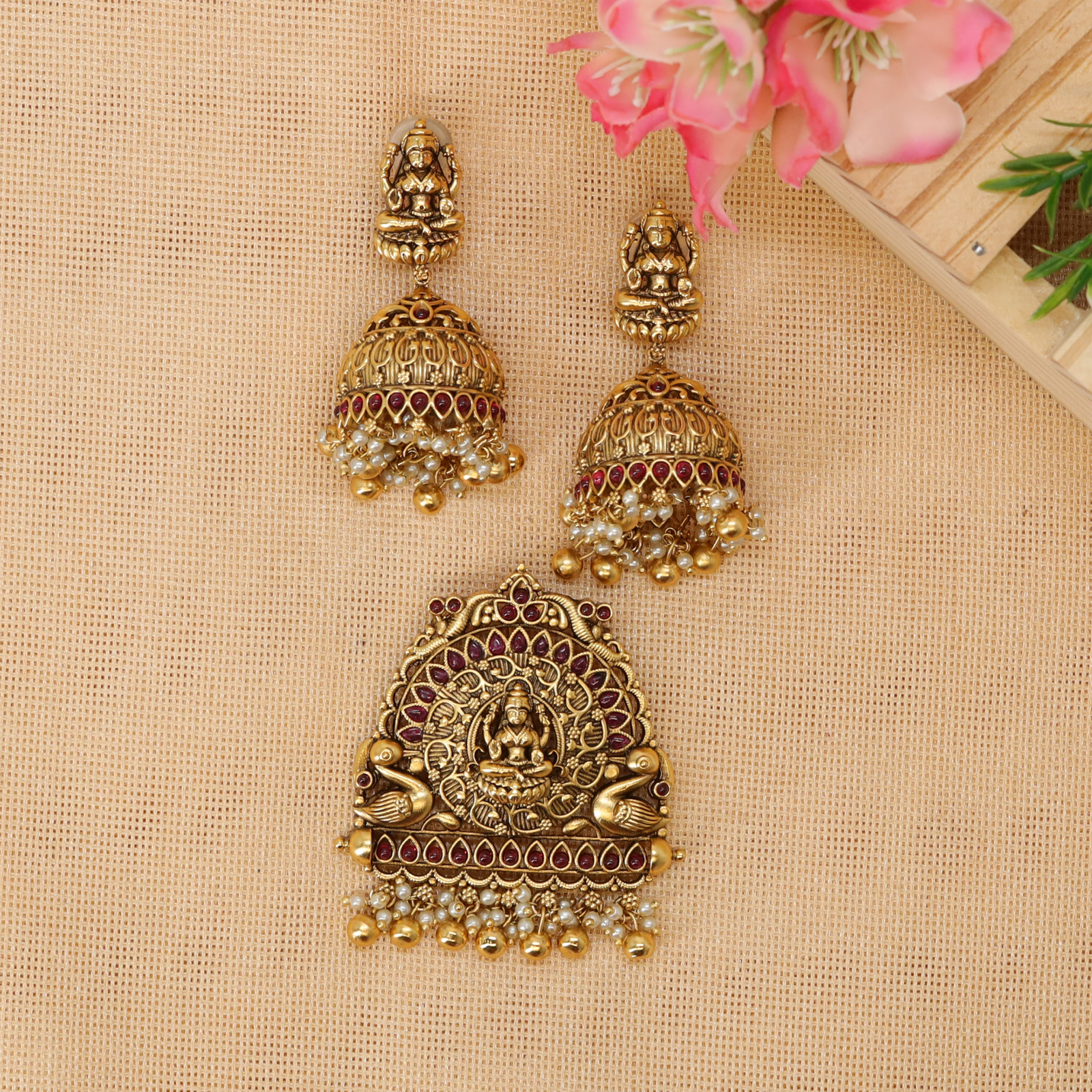 Lakshmi Sanctum Arch Pendant Set with Twin Swan Panels and Bead Fringe