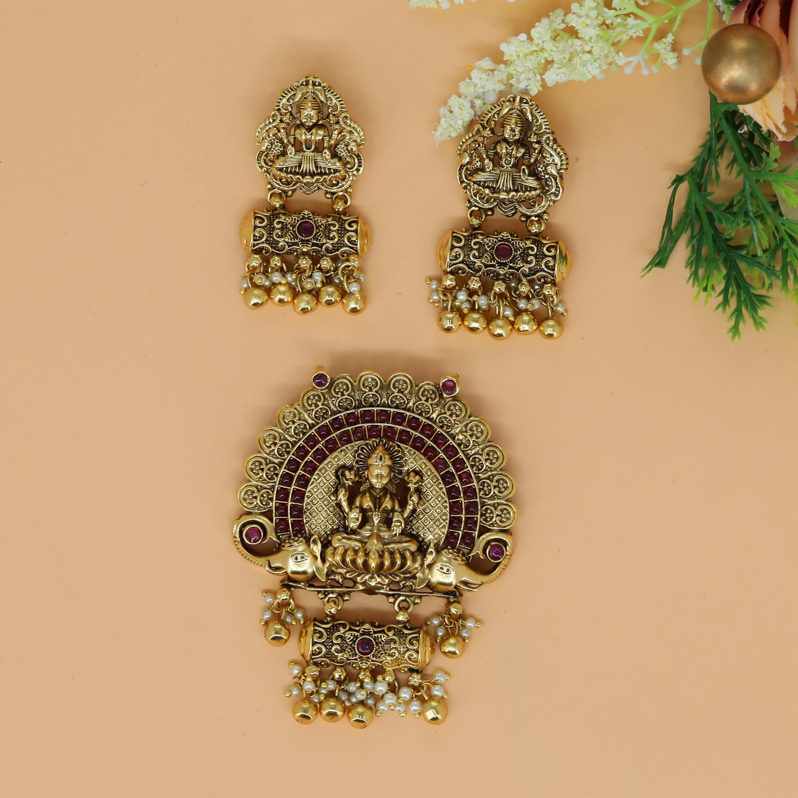 Divine Lakshmi Temple Pendant Set with Decorative Elephant Panels