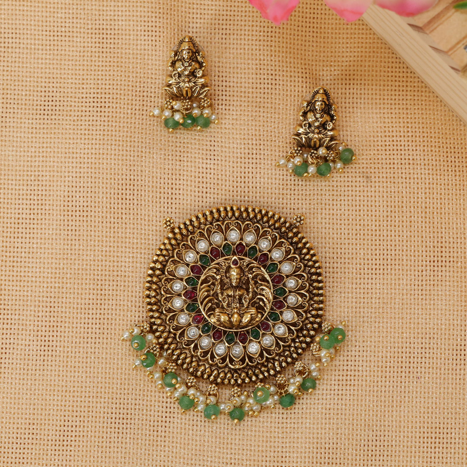 Prabhavali Lotus Mandala Lakshmi Pendant Set with Concentric Gemstone Rings