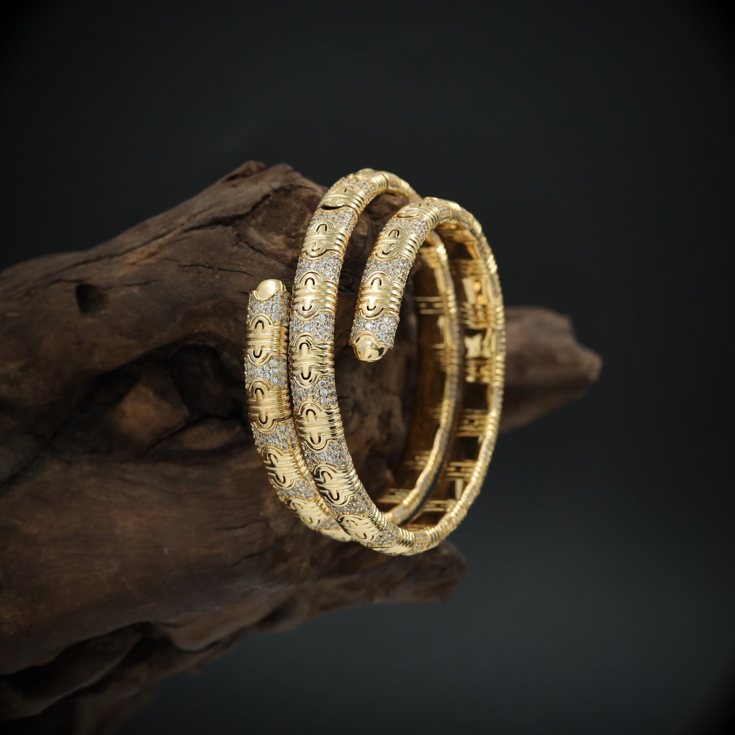 Refined Carved Bracelet Duo with Dense Pattern and Textured Detailing