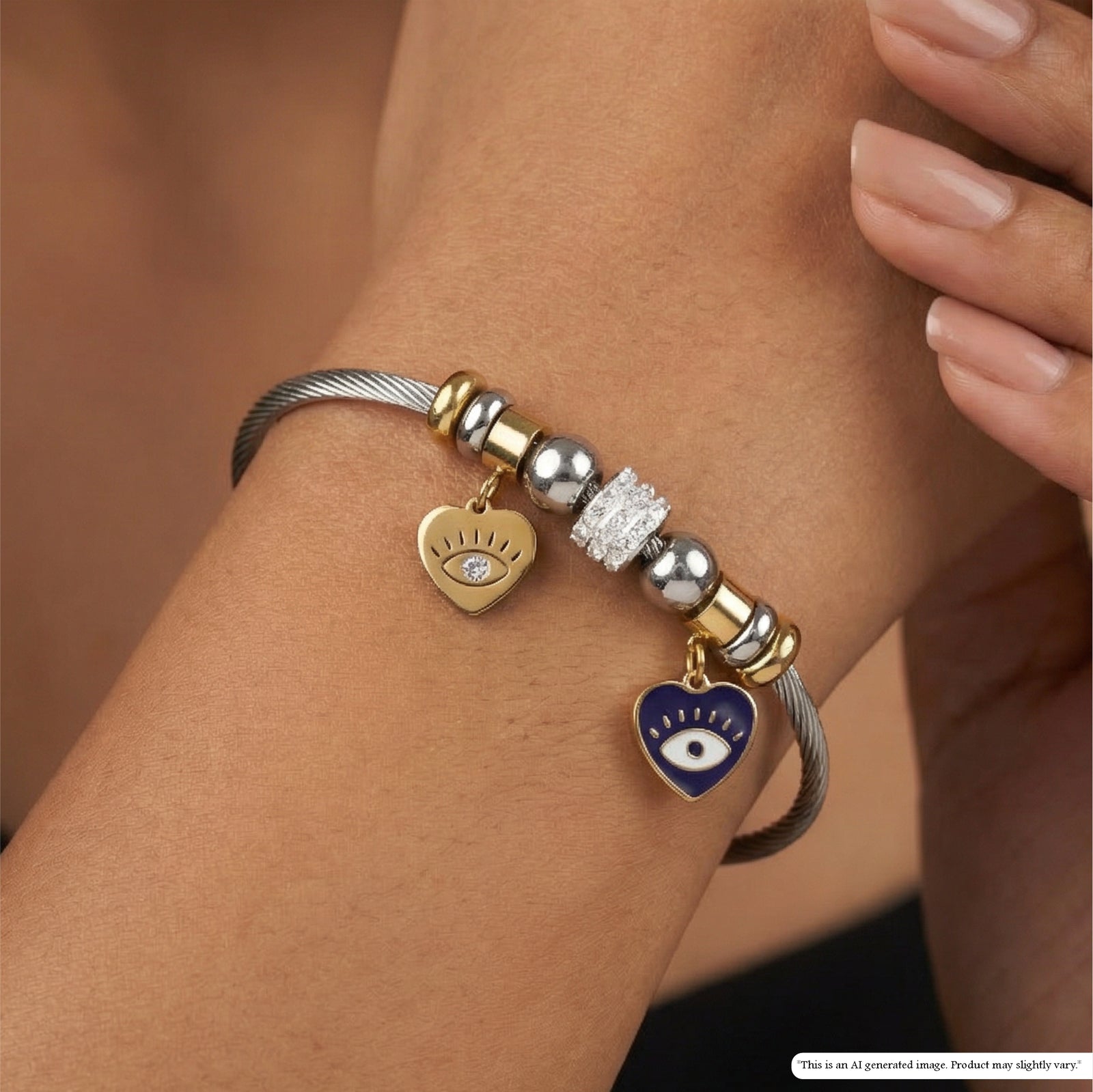 Playful Charm Bracelet with Cable Wire Band and Hanging Heart Eye Pendants