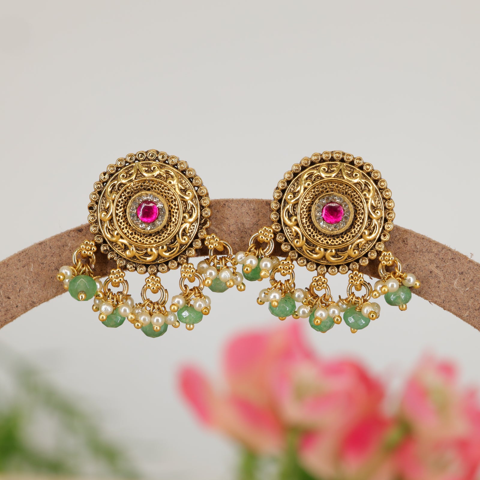 Ratnamandala Textured Round Stud with Gem Centrepiece and Hanging Pearl Tassels