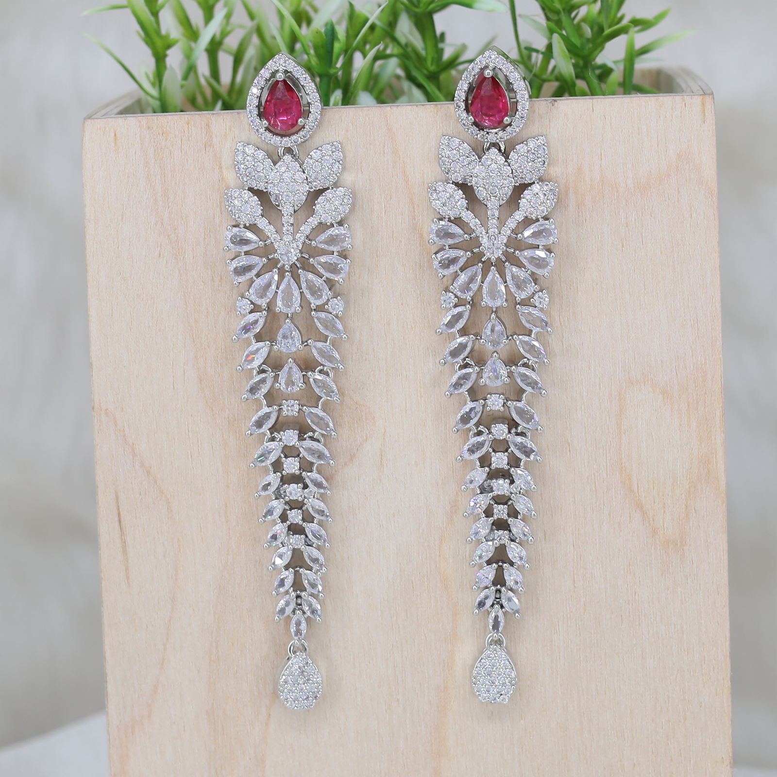 Cascading Leaf Drop Earrings with Teardrop Top Accent
