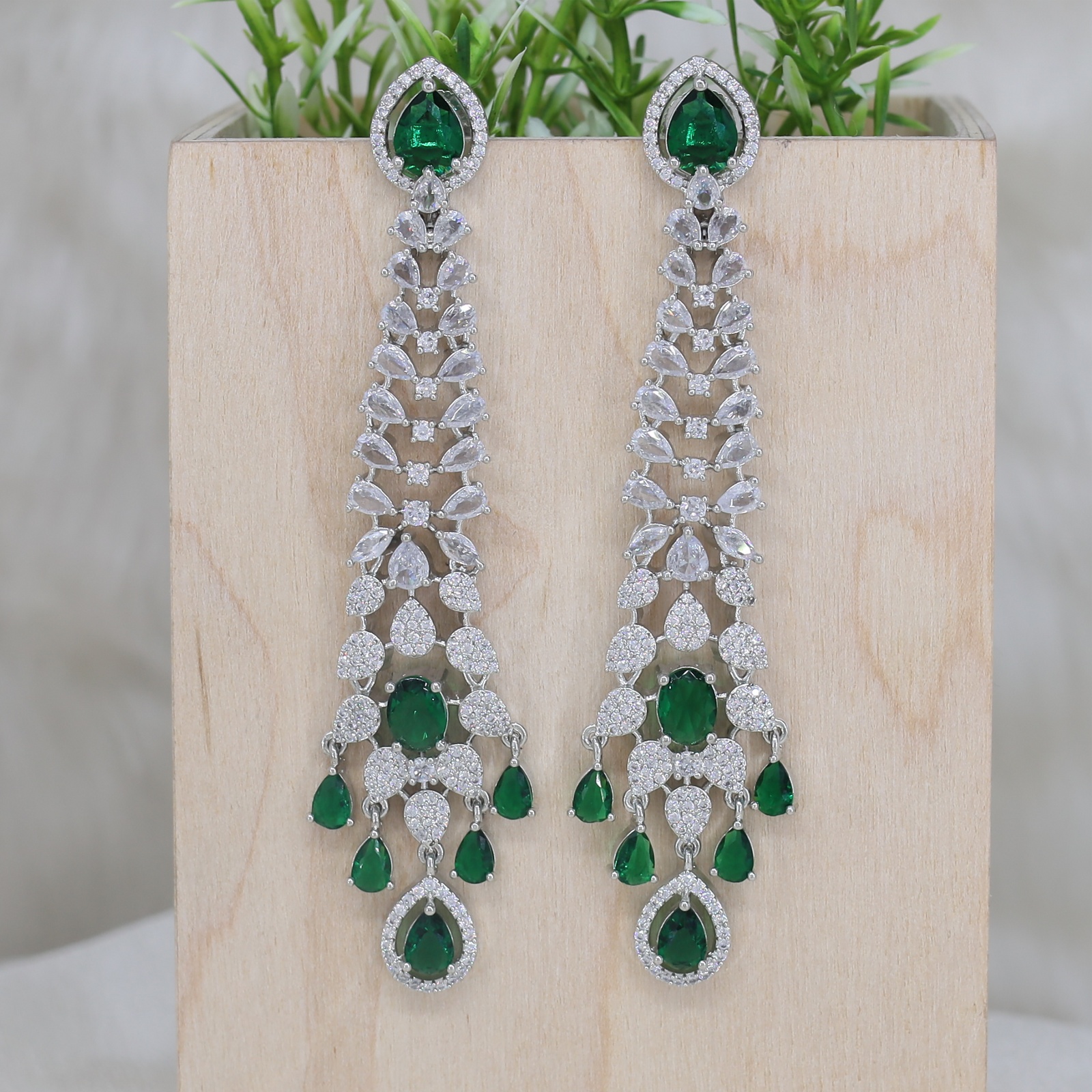 Regal Long Drop Earrings with Tiered Leaf Links and Dangling Accents