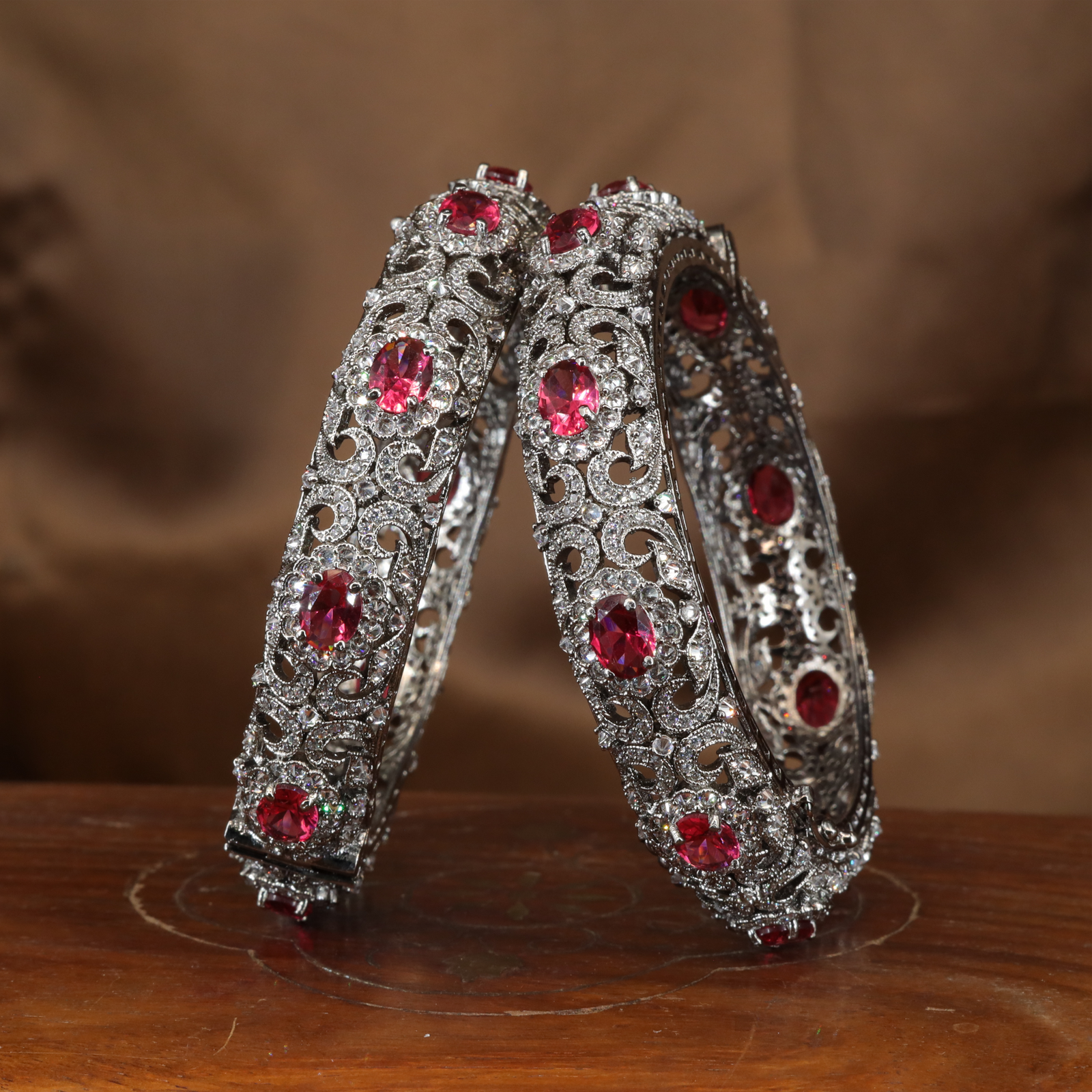 Grand Occasion Crytalstal Bangles with Sculpted Ornamental Panels