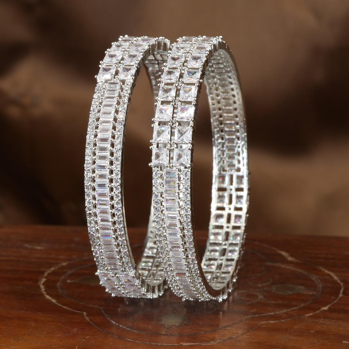 Ornamental Grid Style Bangles with Square Link Detailing