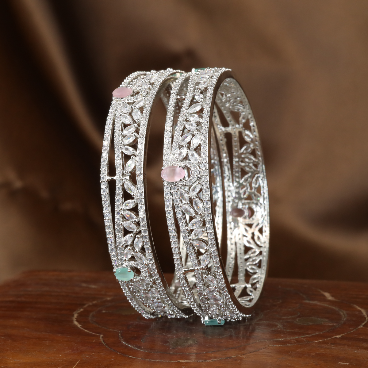 Decorative Leaf Pattern Bangles with Fine Border Sparkle