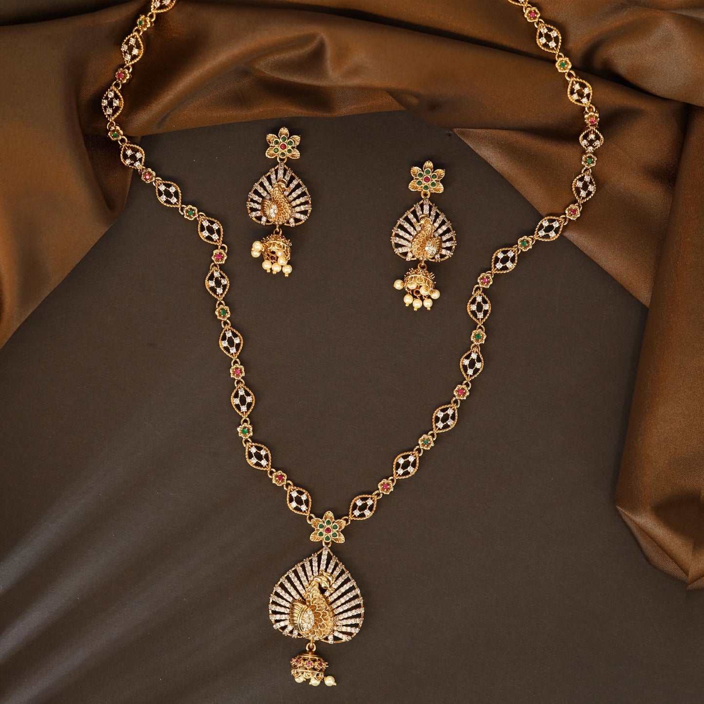 Majestic Peacock Pendant Long Haara with Open Link Chain and Jhumka Drop