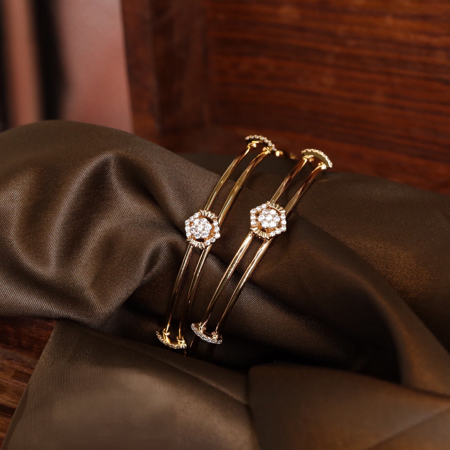 Dual Line Gold Finish Bangles with Central Floral Stone Cluster