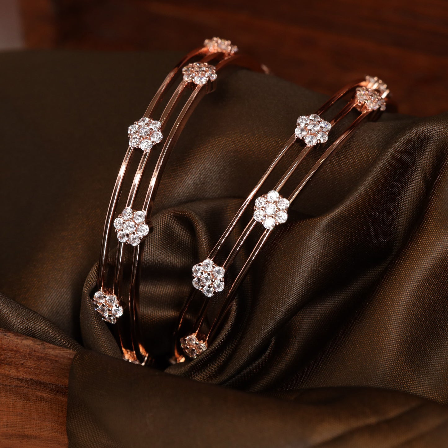 Structured Triple Rod Bangles with Floral Stone Placement