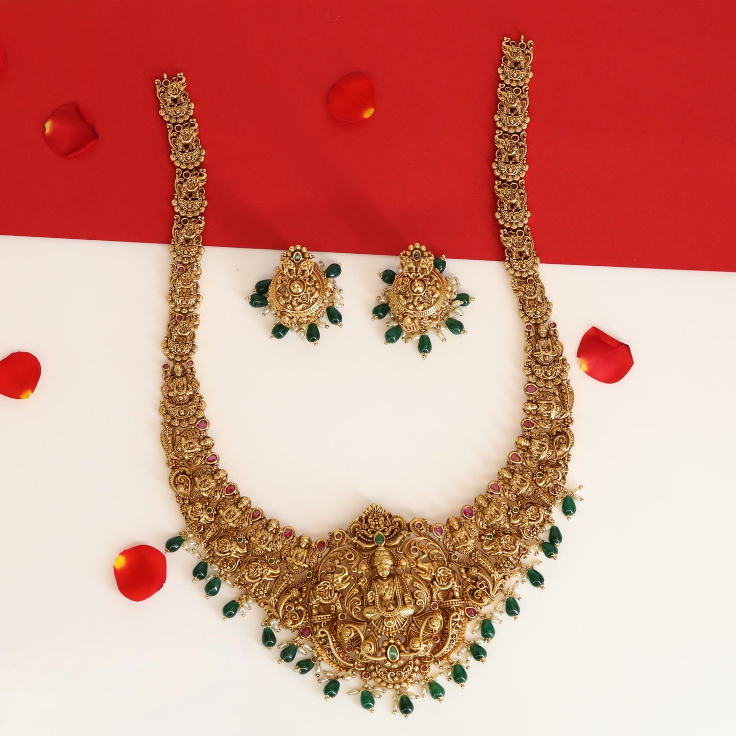 Elaborate Bridal Long Haara with Lakshmi Motif and Hanging Drops