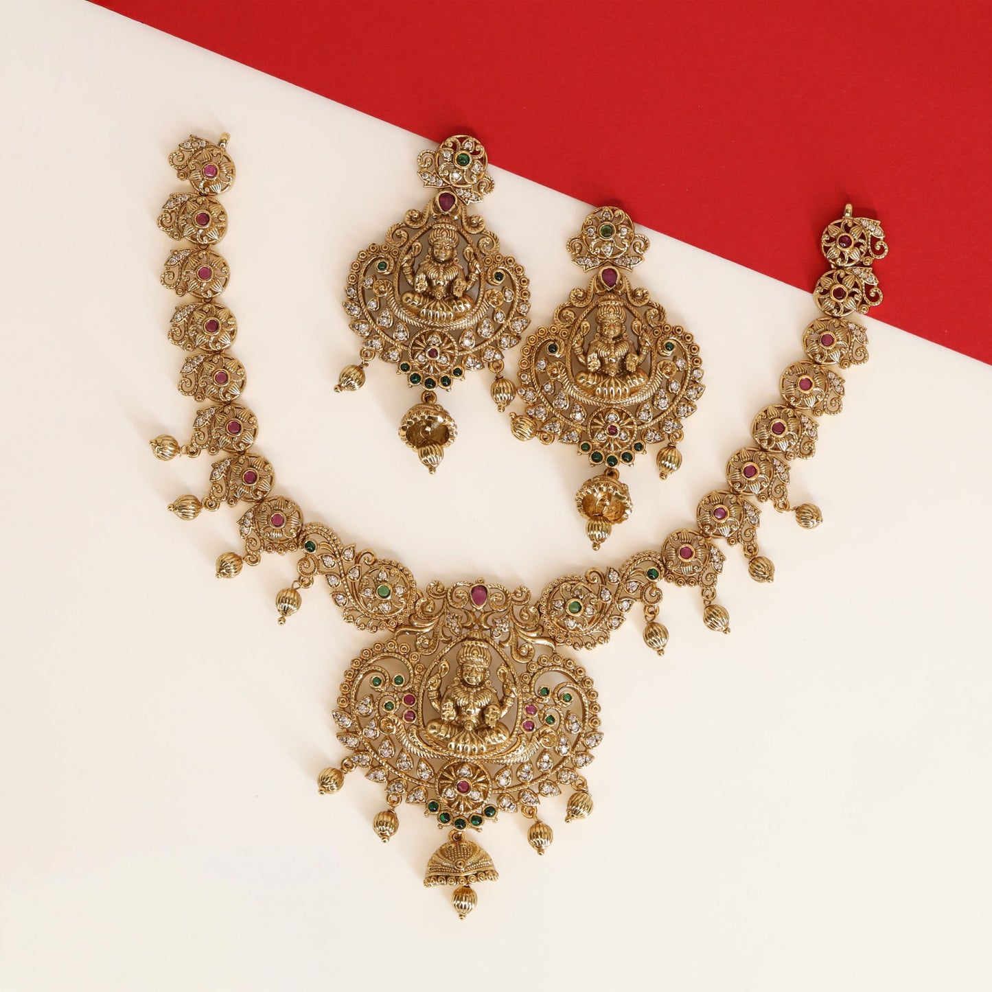 Grand Lakshmi Design Necklace with Repeating Circular Units and Drop Danglers