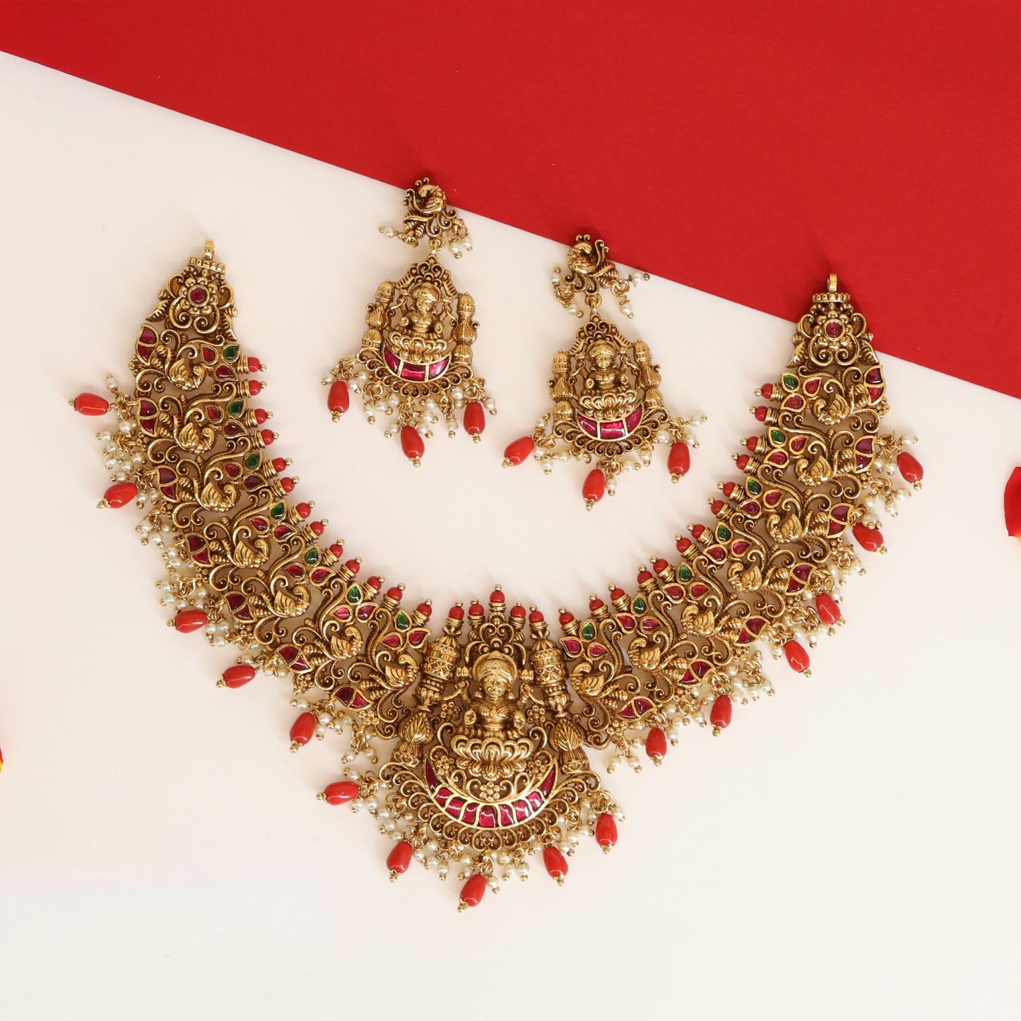 Classic Ethnic Necklace with Lakshmi Idol and Decorative Drop Edges