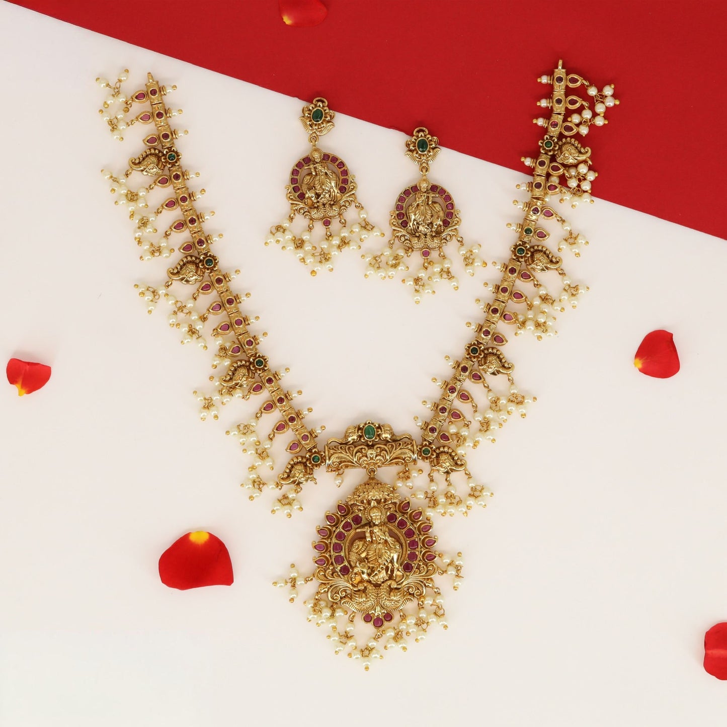 Lakshmi Panel Necklace with Linked Bar Sections and Pearl Drop Fringe