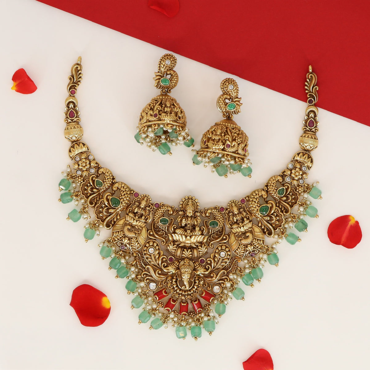 Grand traditional necklace with Ganesha Lakshmi centerpiece and intricate work