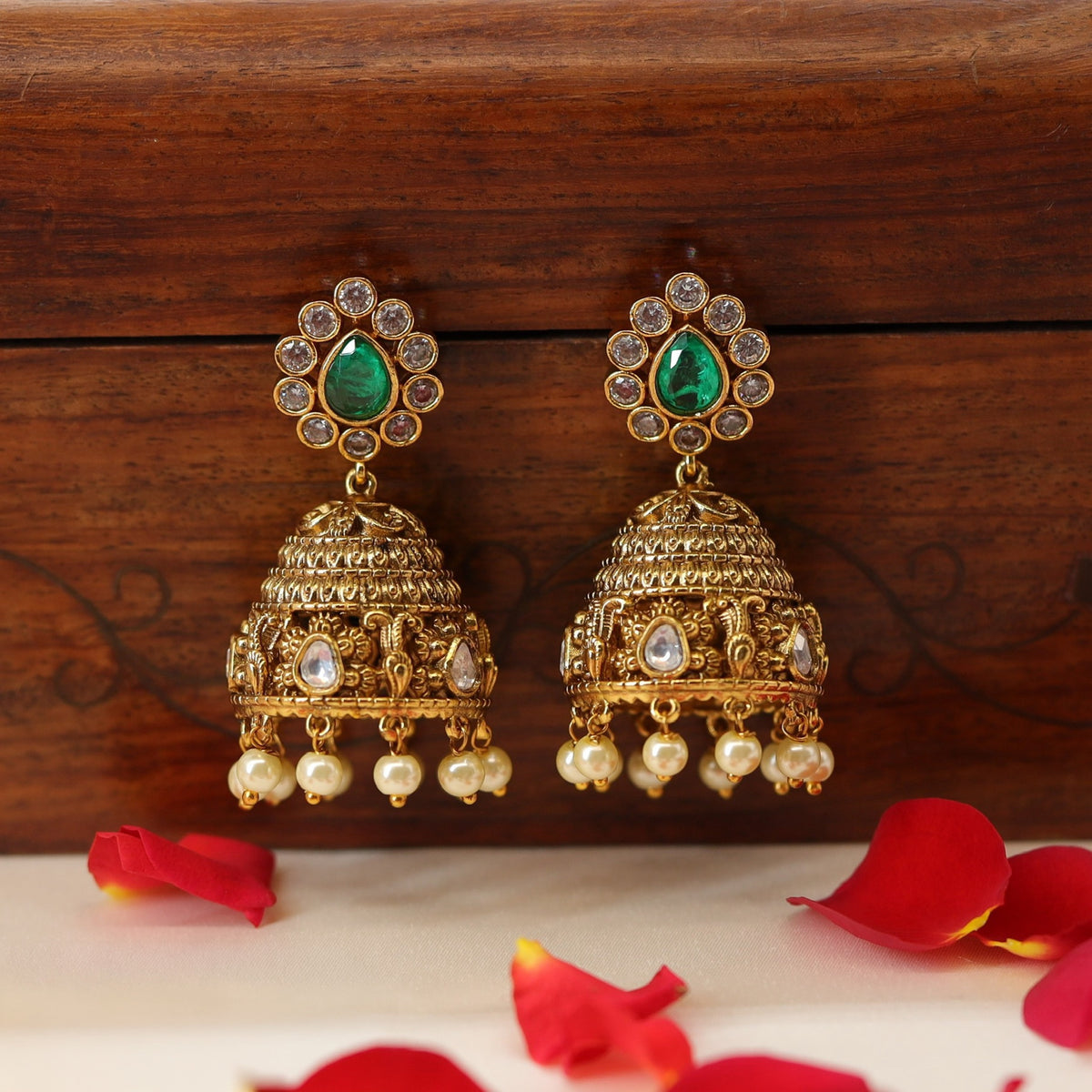 Heritage antique Jumka with floral stone detailing and pearl drops